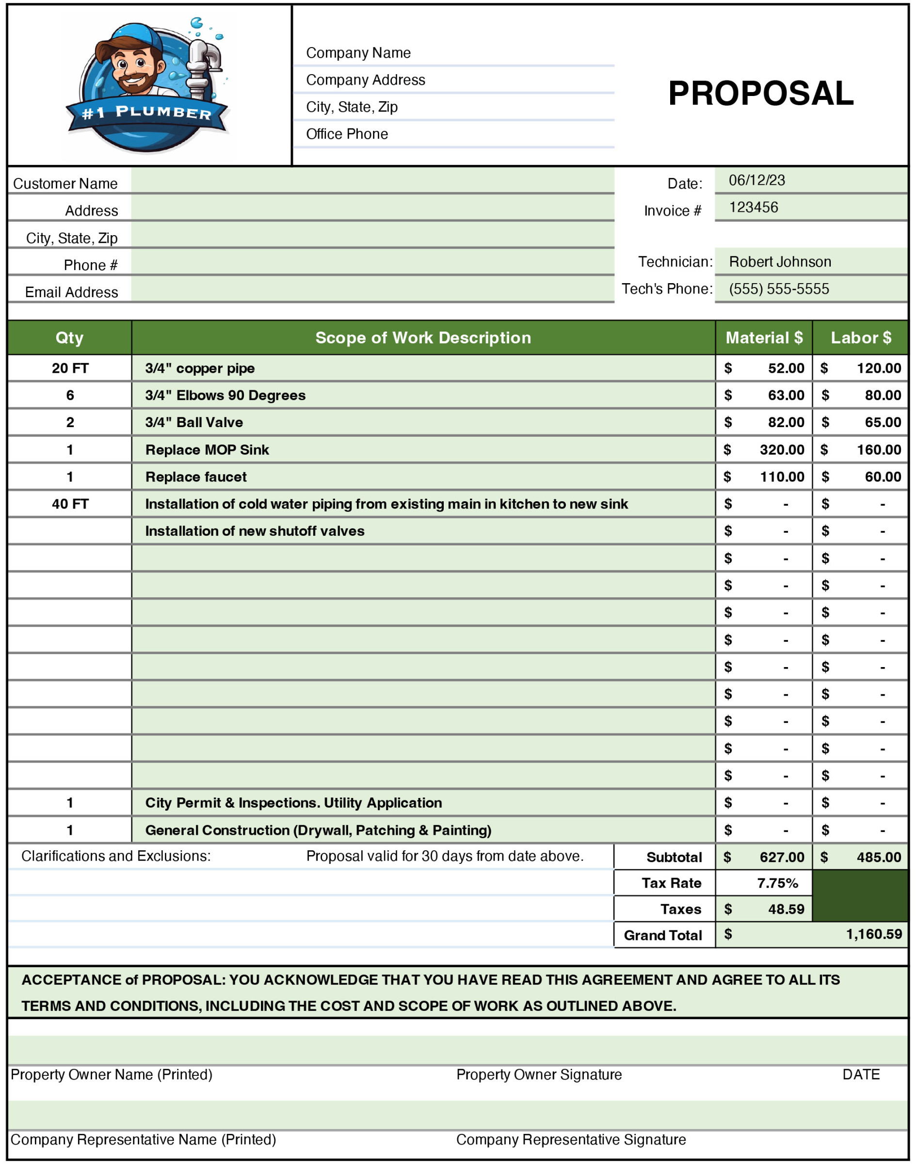 Plumbing Estimate Proposal Template in Excel, Plumbing Contractor