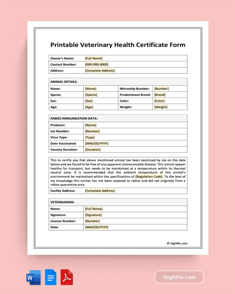 Printable Veterinary Health Certificate Form - Word PDF Docs Printable Veterinary Health Certificate Form - Word PDF Docs