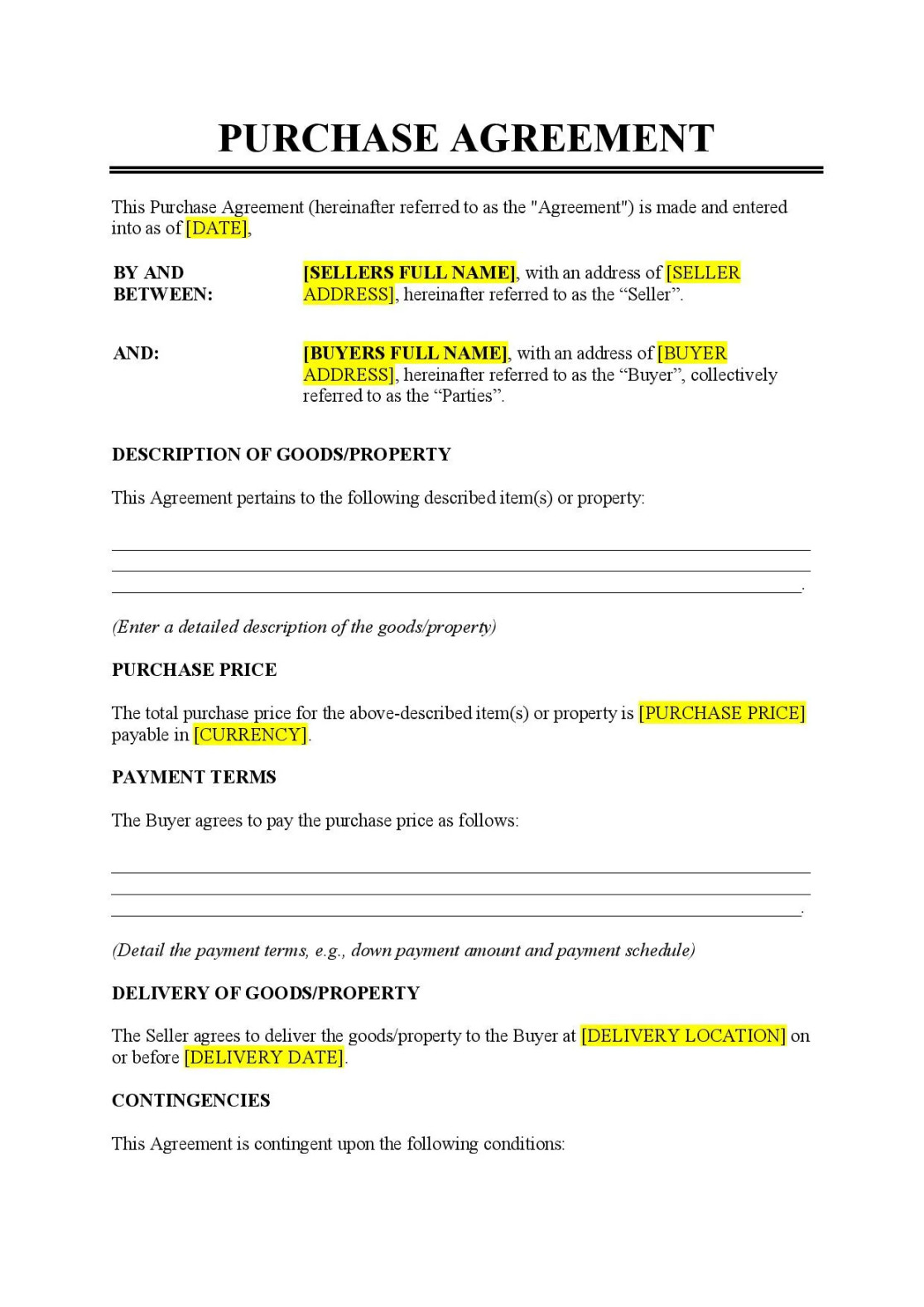 Purchase Agreement Template - Free Download - Easy Legal Docs Purchase Agreement Template - Free Download - Easy Legal Docs