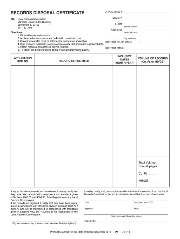 Records Disposal Certificate - Local Records Commission Records Disposal Certificate - Local Records Commission