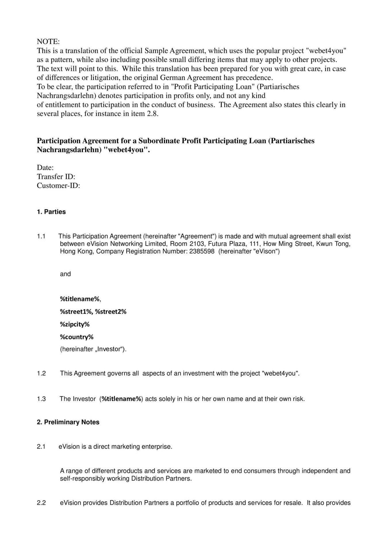 Sample Agreement Subordinate Profit Participating Loan webetyou Sample Agreement Subordinate Profit Participating Loan webetyou