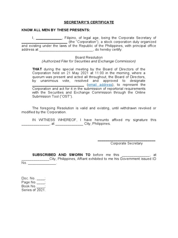 SAMPLE Secretary Certificate - SEC OST Enrollment  PDF