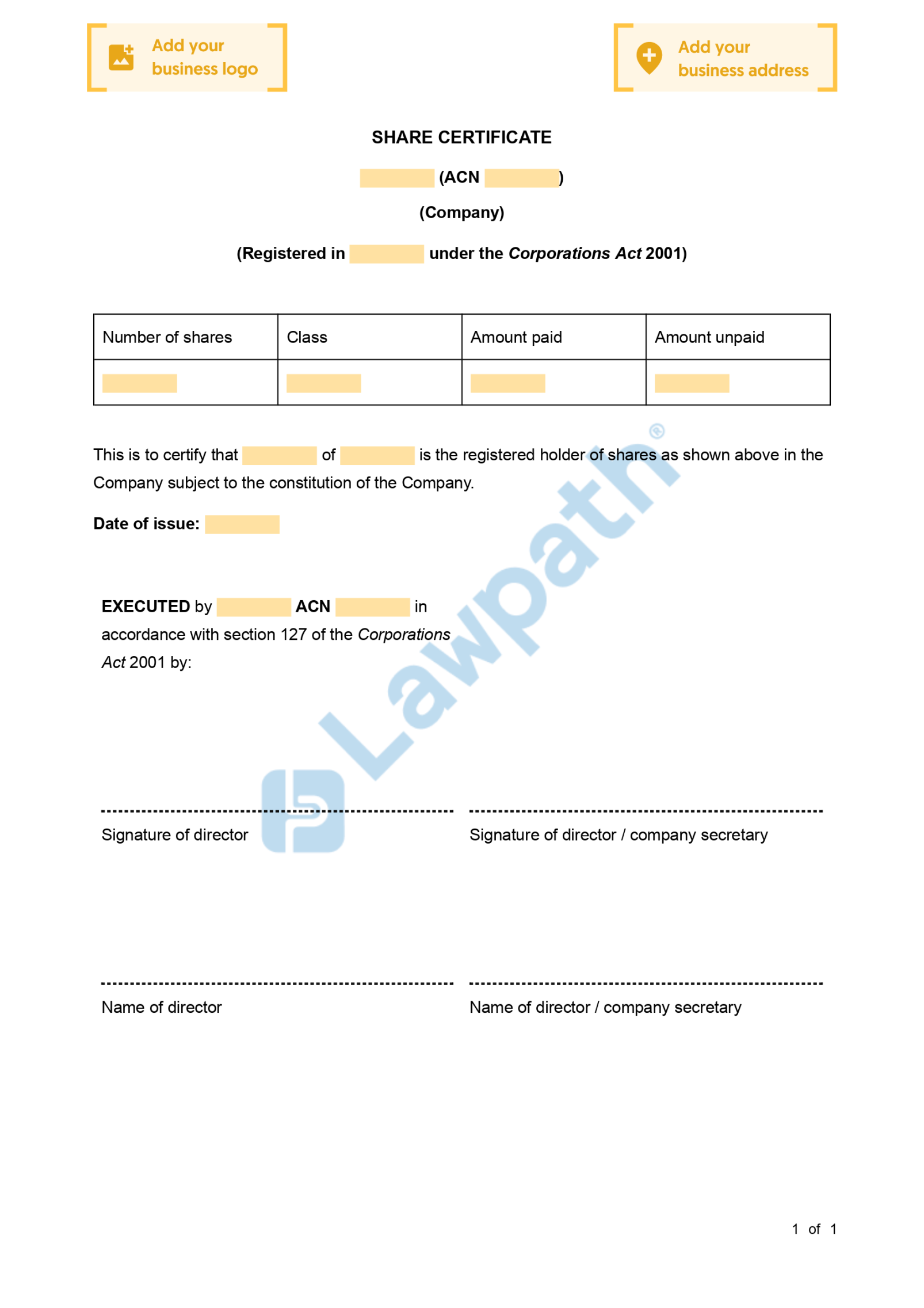 Share Certificate - Free Template Sample - Lawpath Share Certificate - Free Template Sample - Lawpath