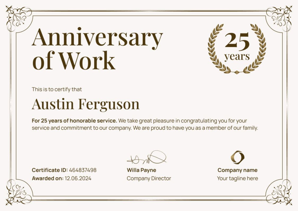 Simple and framed work anniversary certificate template Simple and framed work anniversary certificate template