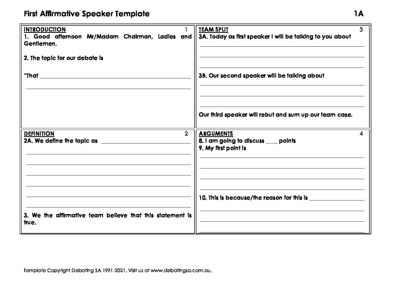 Speech Structure Template - Cue Card Format PDF - Debating SA Speech Structure Template - Cue Card Format PDF - Debating SA