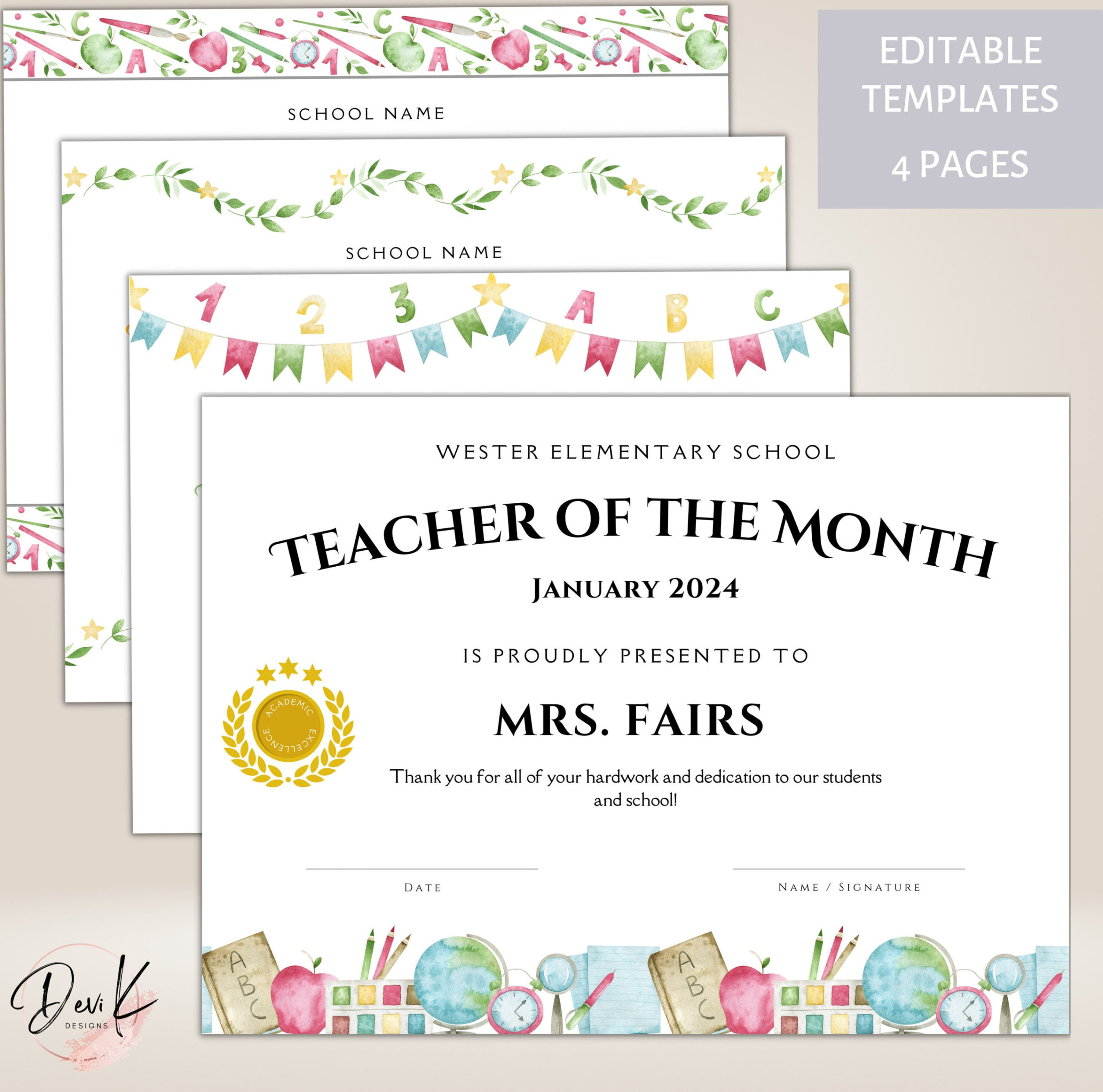 Teacher of the Month Award Certificate, Editable Template, Teacher