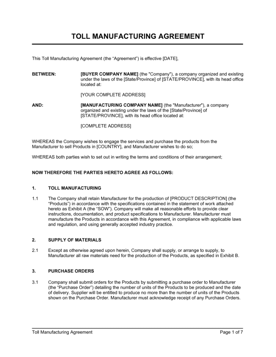 Toll Manufacturing Agreement Template [Download Toll Manufacturing Agreement Template [Download