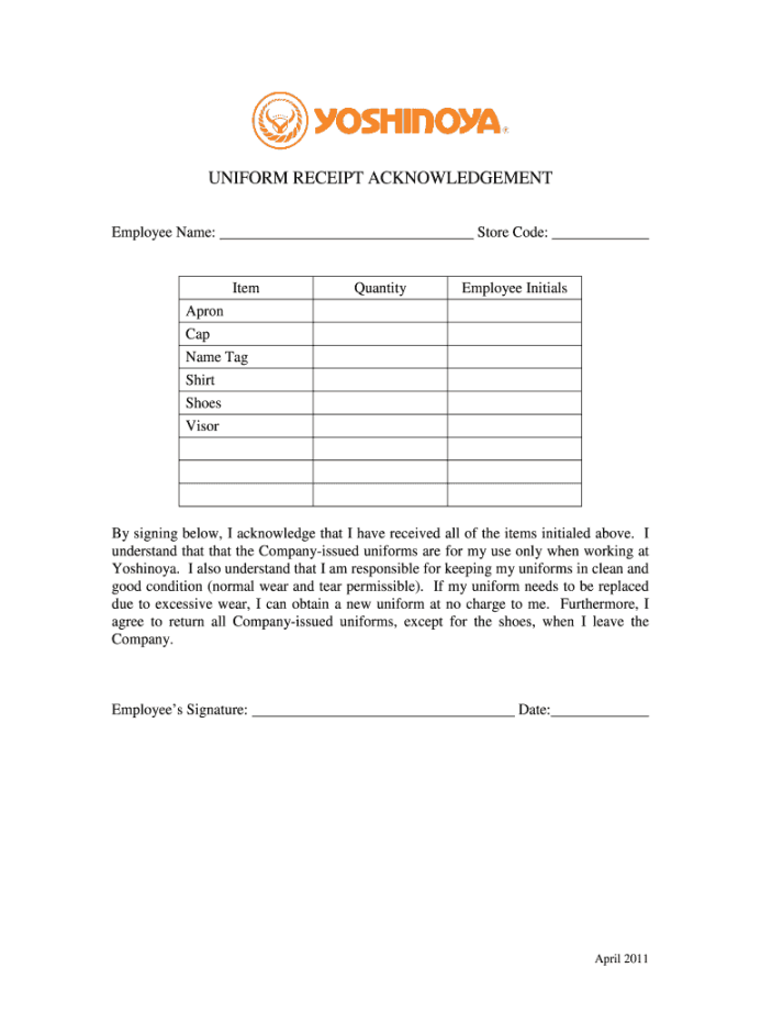 Uniform Acknowledgement Form - Fill Online, Printable, Fillable Uniform Acknowledgement Form - Fill Online, Printable, Fillable