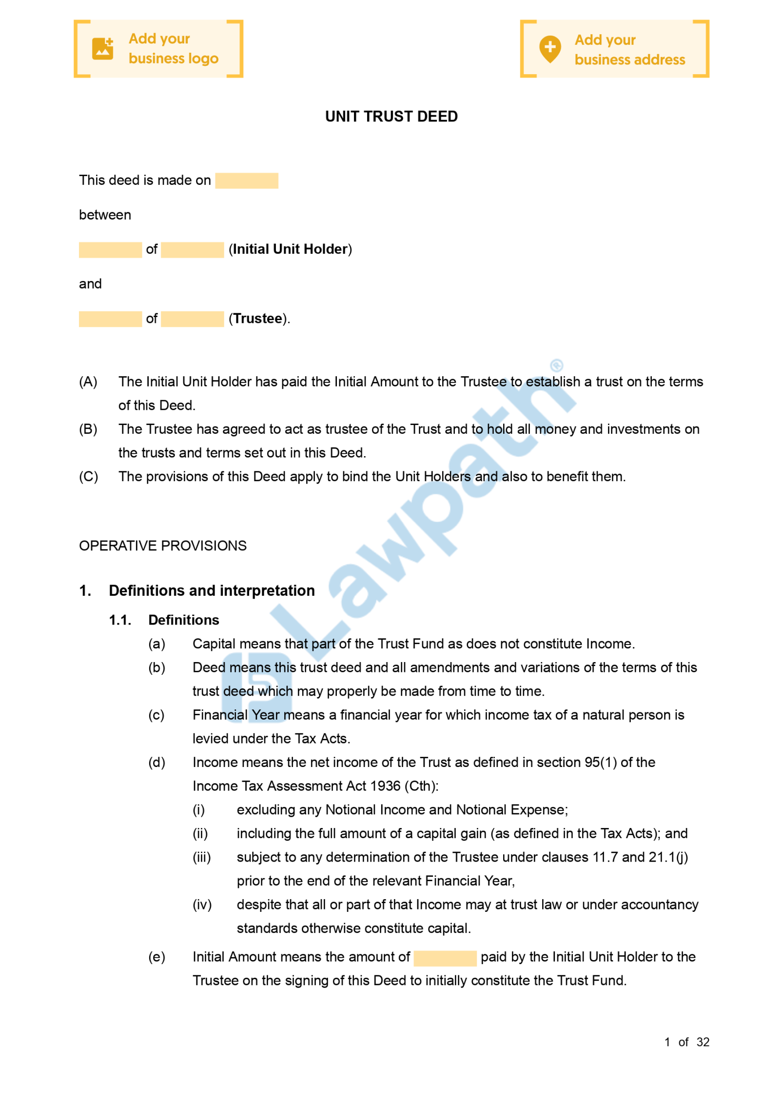 Unit Trust Deed - Free Template Sample - Lawpath Unit Trust Deed - Free Template Sample - Lawpath