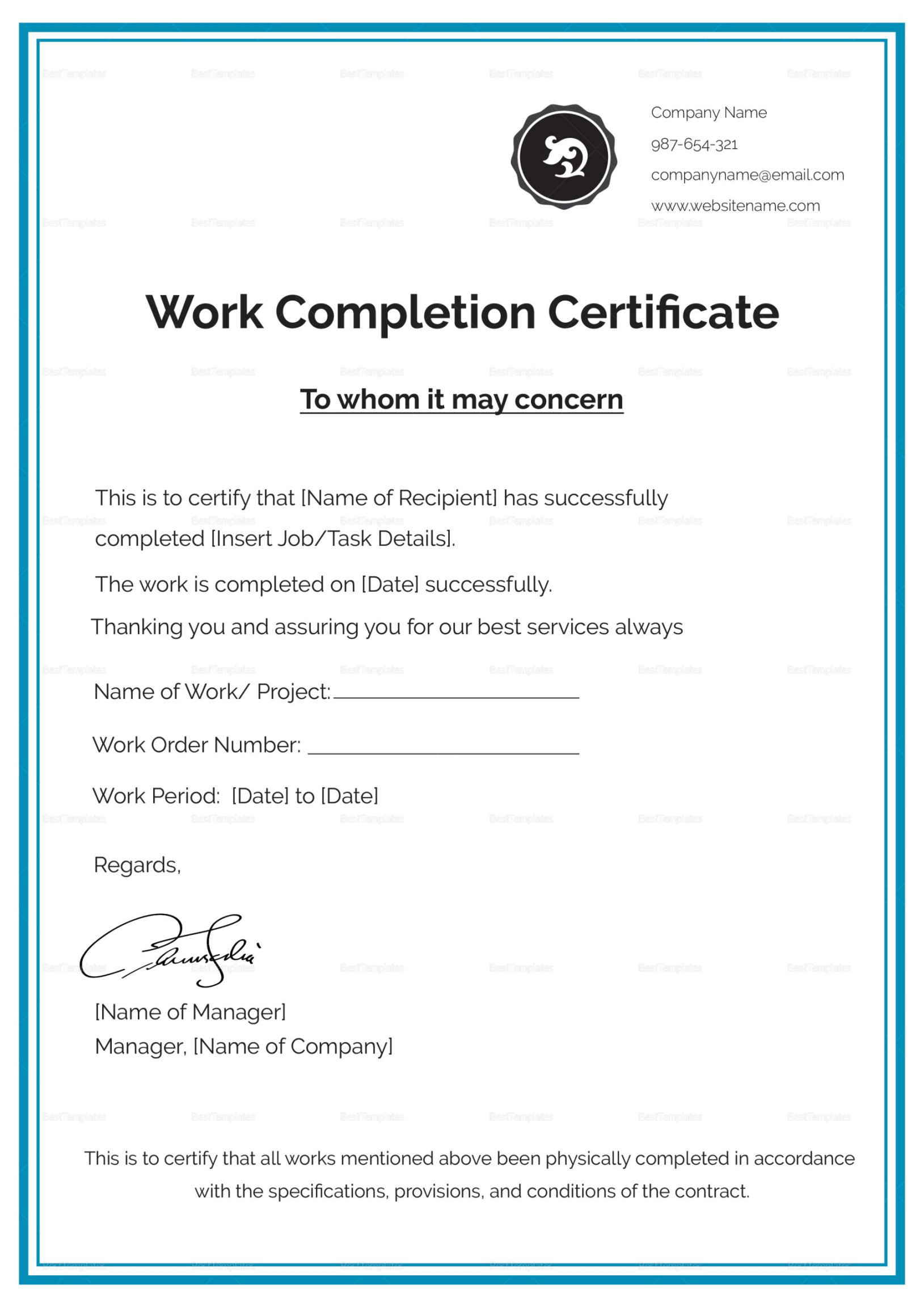 Work Completion Certificate Design Template in PSD, Word Work Completion Certificate Design Template in PSD, Word