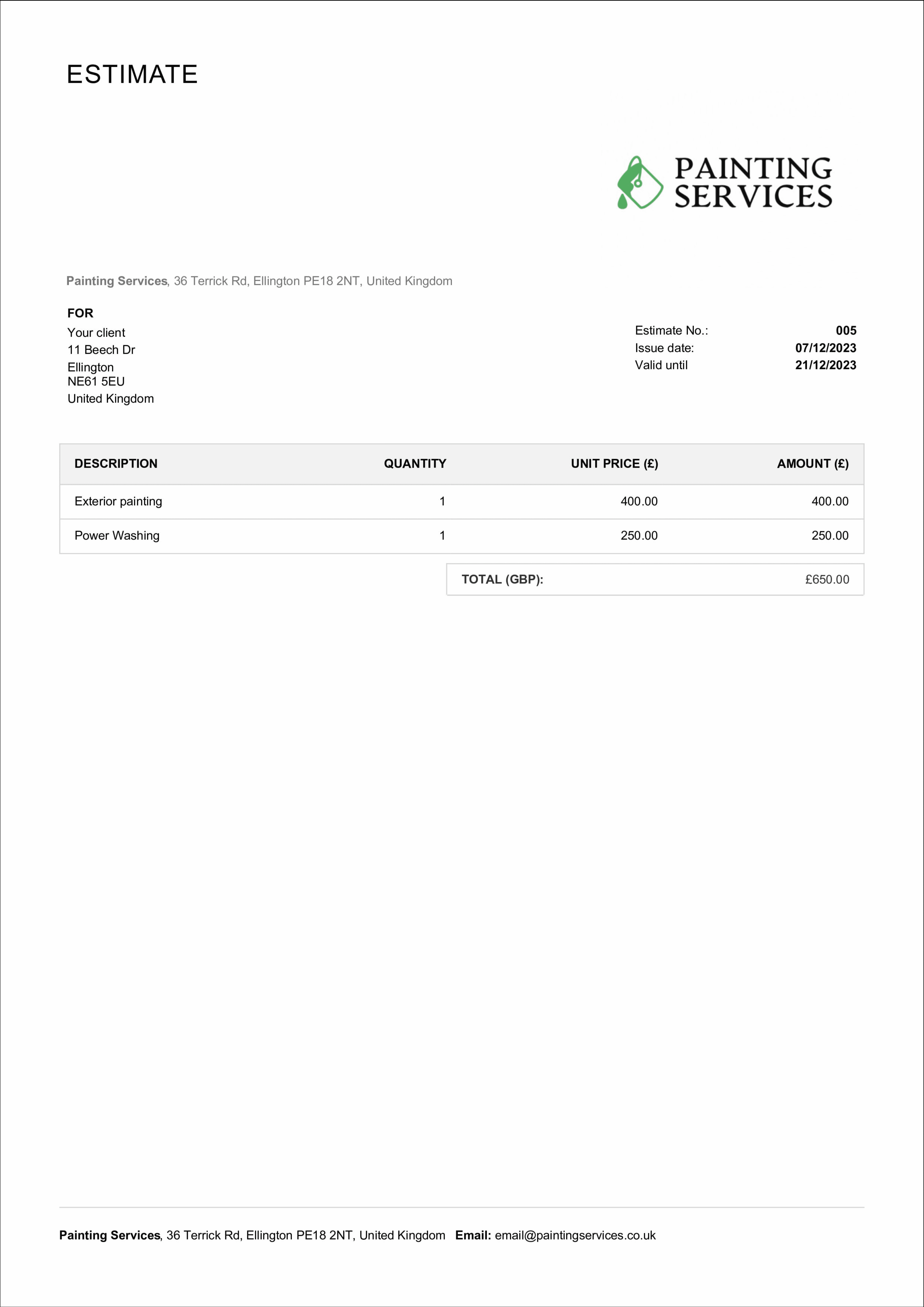 Editable Painting Estimate Template - Free & Editable  Billdu